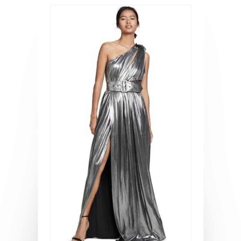 RETROFÊTE Andrea Belted One-Shoulder Metallic Maxi Dress Medium